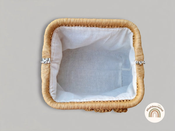 Crochet Raffia Clutch Bag and Strap Pattern PDF, Modern Metal Frame Handbag Tutorial with 3D Flower and Cord Handle Instructions