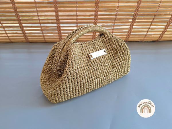 Crochet Pattern Clutch Bag, Metallic Cord Purse Tutorial, Evening Handbag Pattern With Metal Frame Handle