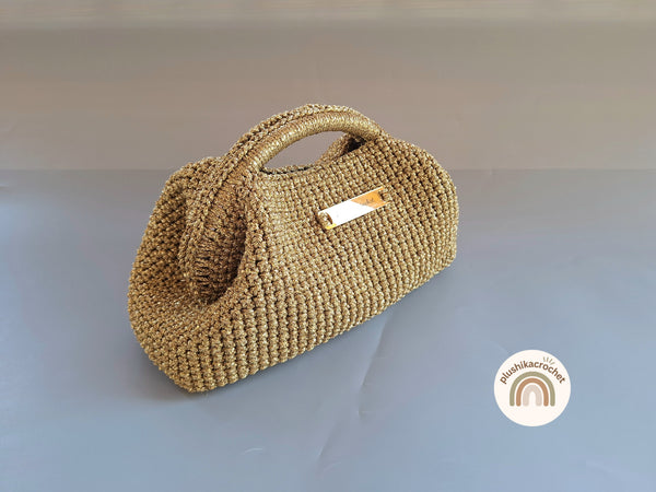 Crochet Pattern Clutch Bag, Metallic Cord Purse Tutorial, Evening Handbag Pattern With Metal Frame Handle