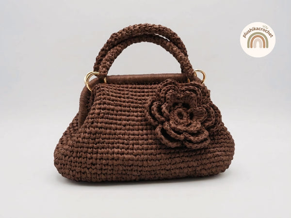 Crochet Raffia Clutch Bag and Strap Pattern PDF, Modern Metal Frame Handbag Tutorial with 3D Flower and Cord Handle Instructions