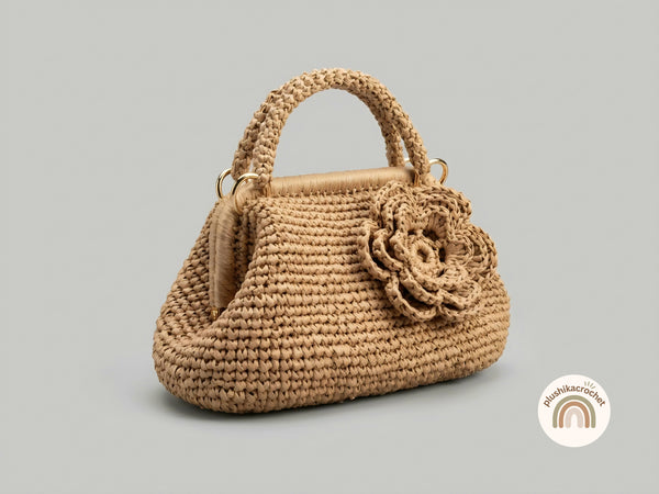 Crochet Raffia Clutch Bag and Strap Pattern PDF, Modern Metal Frame Handbag Tutorial with 3D Flower and Cord Handle Instructions