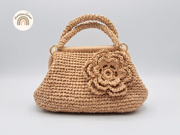 Crochet Raffia Clutch Bag and Strap Pattern PDF, Modern Metal Frame Handbag Tutorial with 3D Flower and Cord Handle Instructions