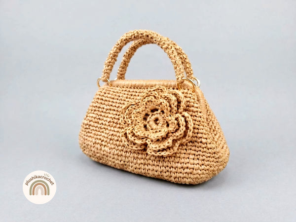 Crochet Raffia Clutch Bag and Strap Pattern PDF, Modern Metal Frame Handbag Tutorial with 3D Flower and Cord Handle Instructions