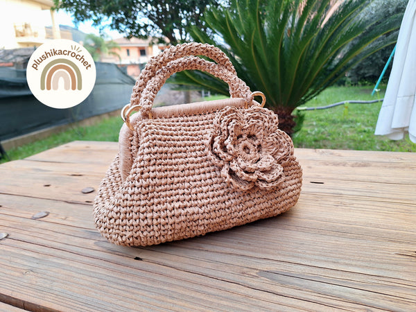 Crochet Raffia Clutch Bag and Strap Pattern PDF, Modern Metal Frame Handbag Tutorial with 3D Flower and Cord Handle Instructions
