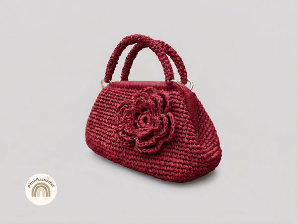Crochet Raffia Clutch Bag and Strap Pattern PDF, Modern Metal Frame Handbag Tutorial with 3D Flower and Cord Handle Instructions