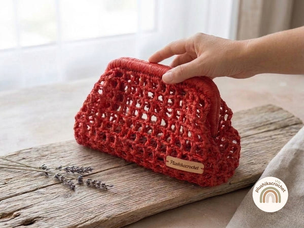 Crochet Mesh Raffia Bag Pattern, DIY Top Handle Frame Clutch, Summer Beach Purse Tutorial